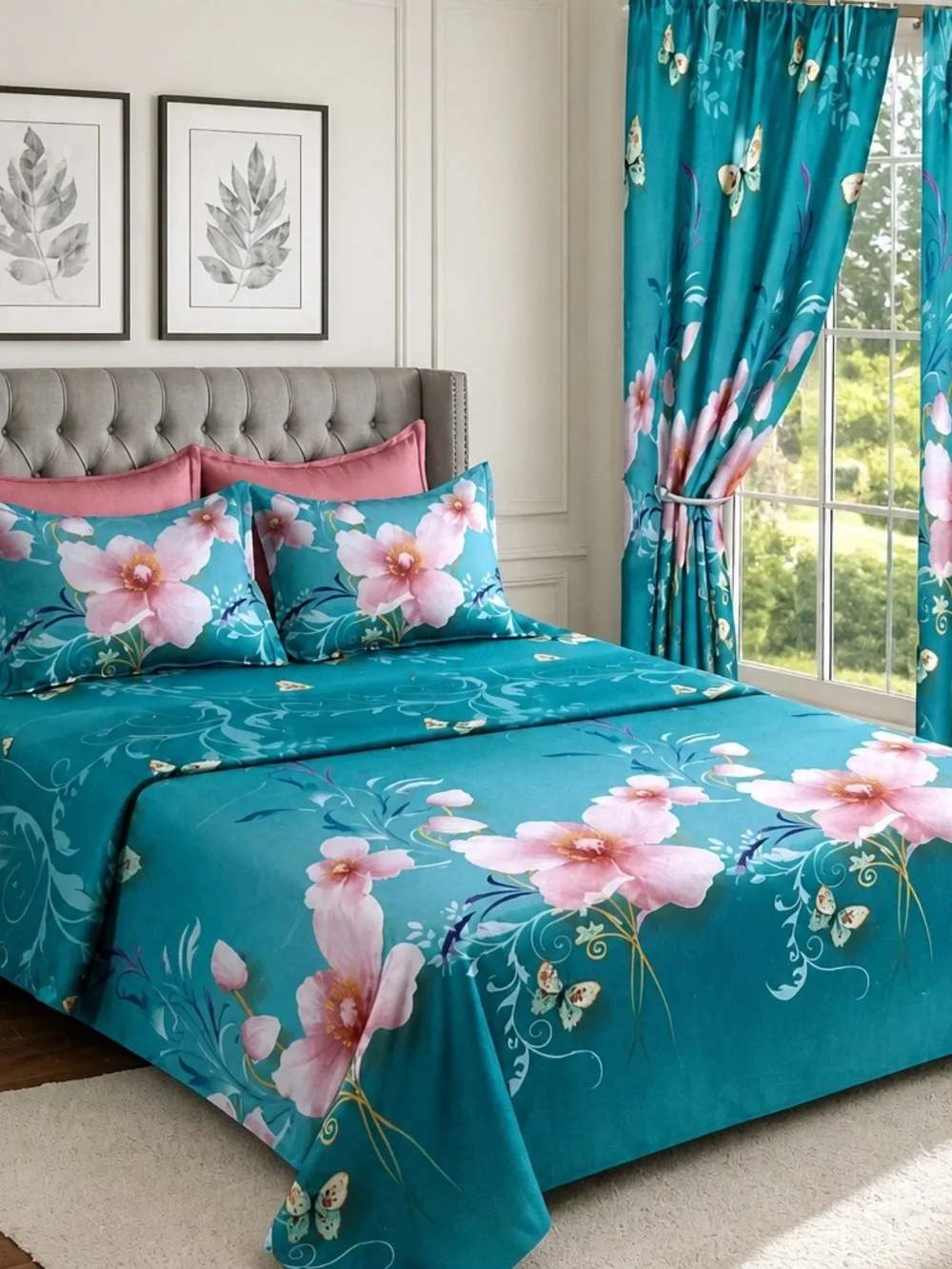 Teal Floral Sheet Set with Pink Blossom Accents